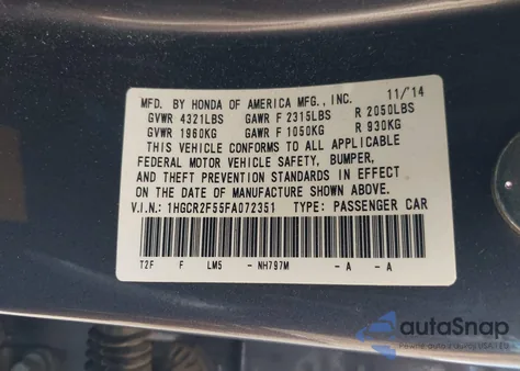 2015 Honda Accord Sport z USA, uszkodzony, nr VIN 1HGCR2F55FA072351